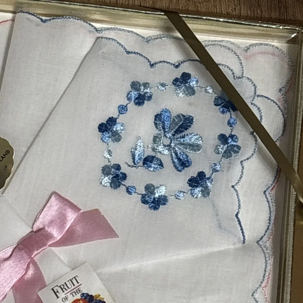 NOS Fruit Of The Loom 3 Ladies Handkerchief Full Size Embroidered Pink Blue Vtg